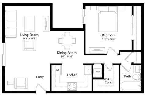 Floor plan for 1 bed, 1 bath, 726 sqft